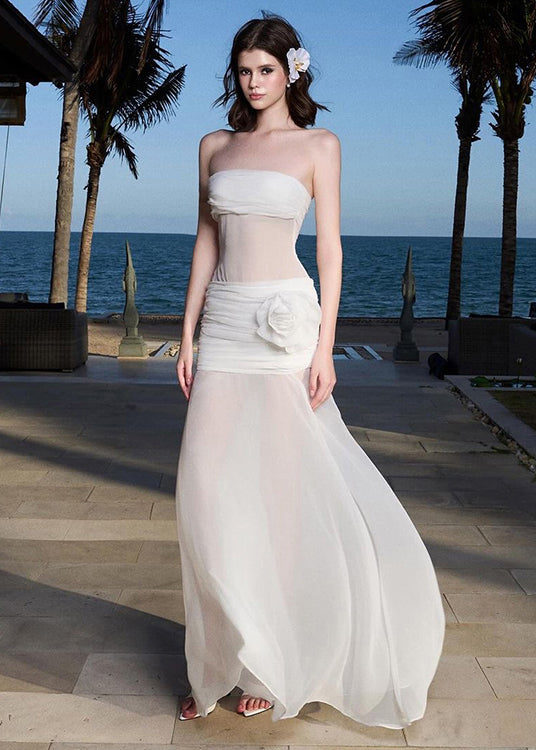 Vacation Style White Tulle Strapless Slim Fit Dress