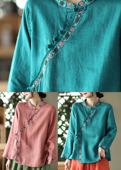 Blue O-neck Print Button Linen Shirt Long Sleeve