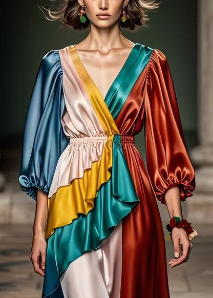 Diy Colorblock Elastic Waistpatchwork Silk Long Dress Bracelet Sleeve