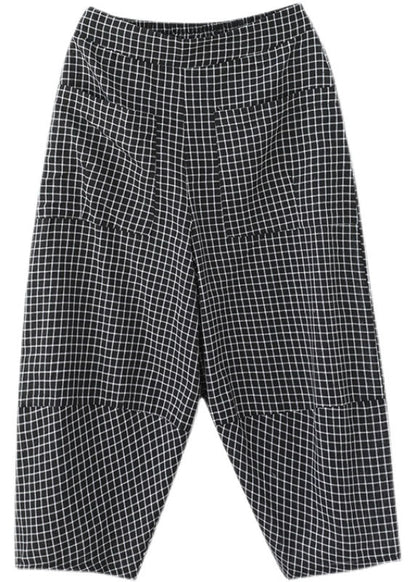 Black Plaid Elastic Waist Pockets Cotton Crop Pants Trousers Summer