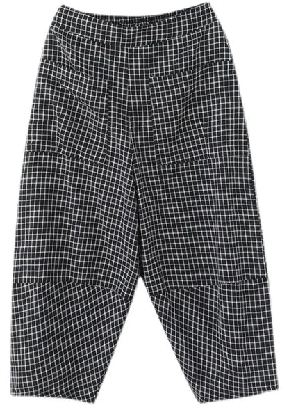 Black Plaid Elastic Waist Pockets Cotton Crop Pants Trousers Summer