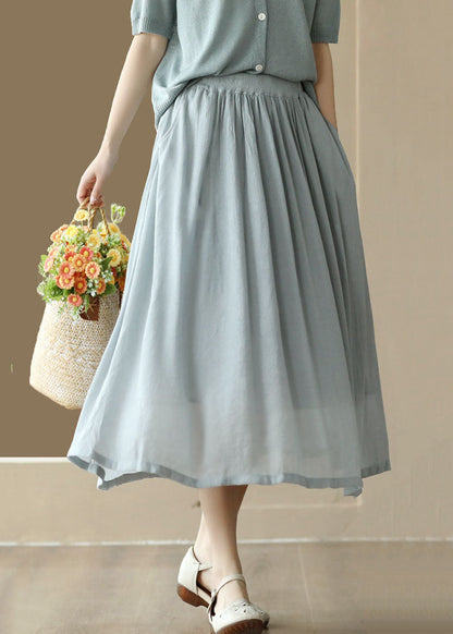 Light Blue Wrinkled Pockets Patchwork Cotton Skirts Summer