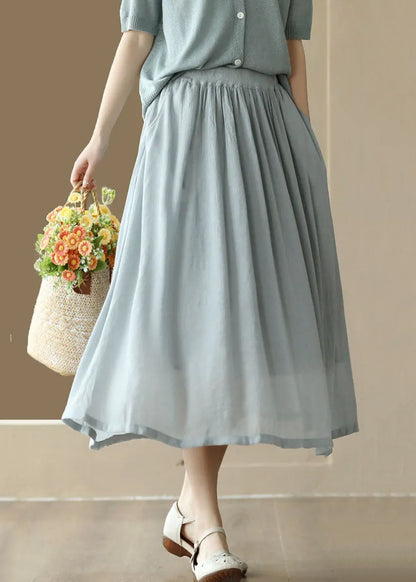 Light Blue Wrinkled Pockets Patchwork Cotton Skirts Summer