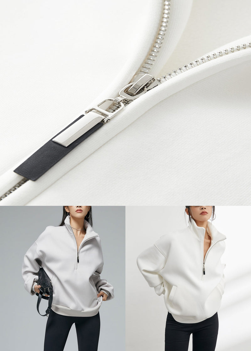 Grey Zip Up Pockets Oversized Warm Fleece Winter Sweatshirt Stand Collar