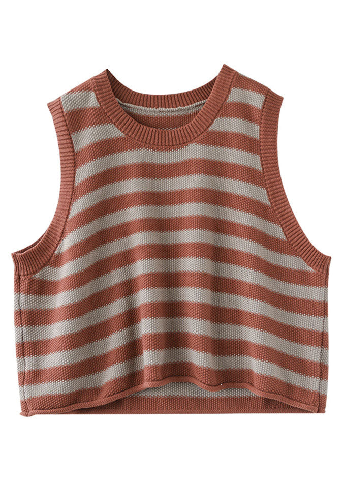 Organic Orange O-neck Striped Knit Tank Tops Sleeveless