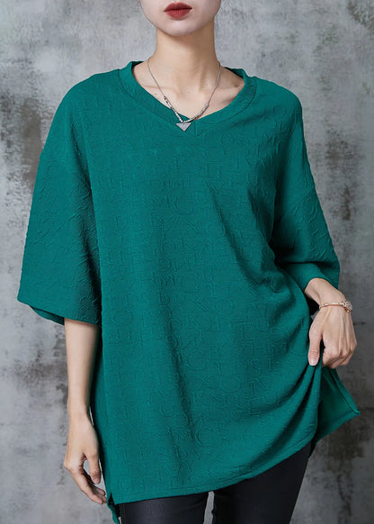 Green Jacquard Cotton Tops V Neck Oversized Summer