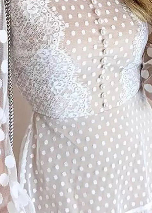 French White O Neck Dot Patchwork Lace Mid Dresses Fall