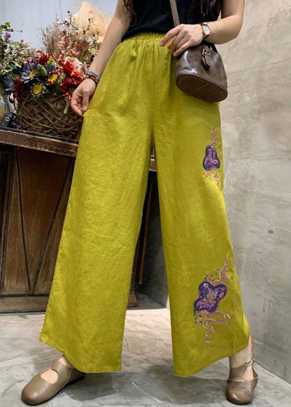 Yellow Embroidered Linen Wide Leg Pants Summer