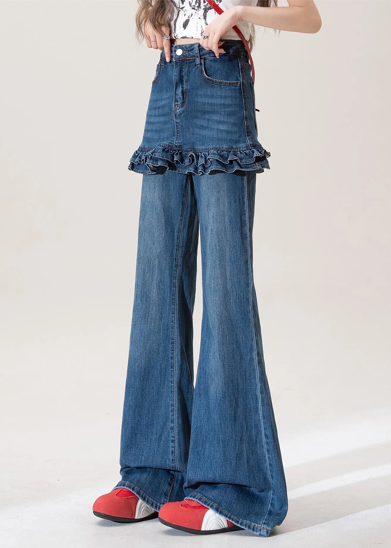 Blue Ruffled Pockets Patchwork Denim Flared Trousers Fall
