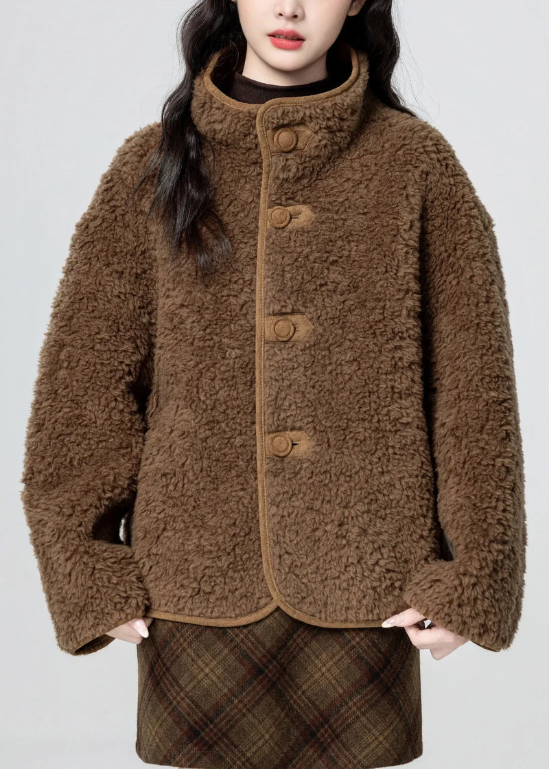 French Coffee Stand Collar Button Fluffy Wear on Both Sides Faux Suede Coats Winter