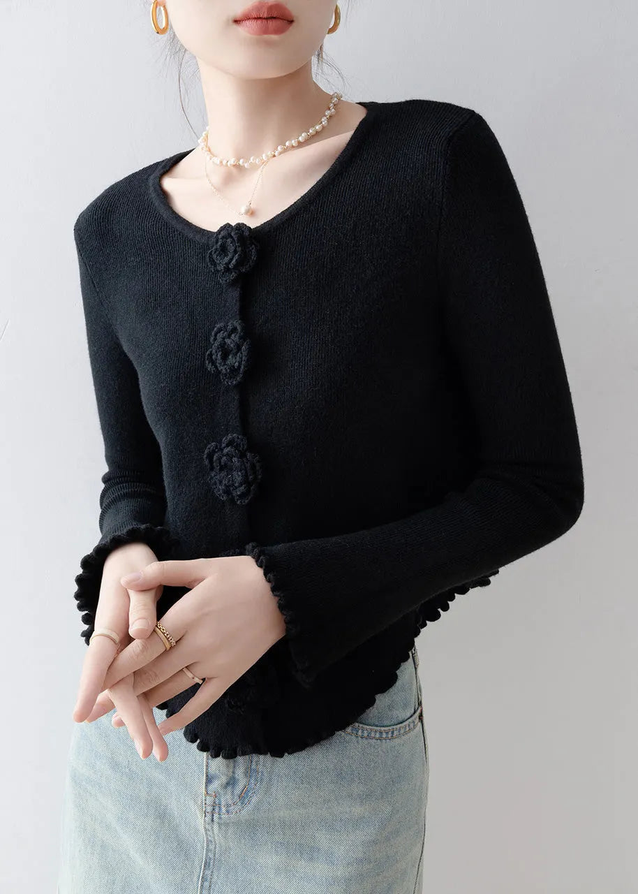 French Black O Neck Ruffled Knitted Tops Spring