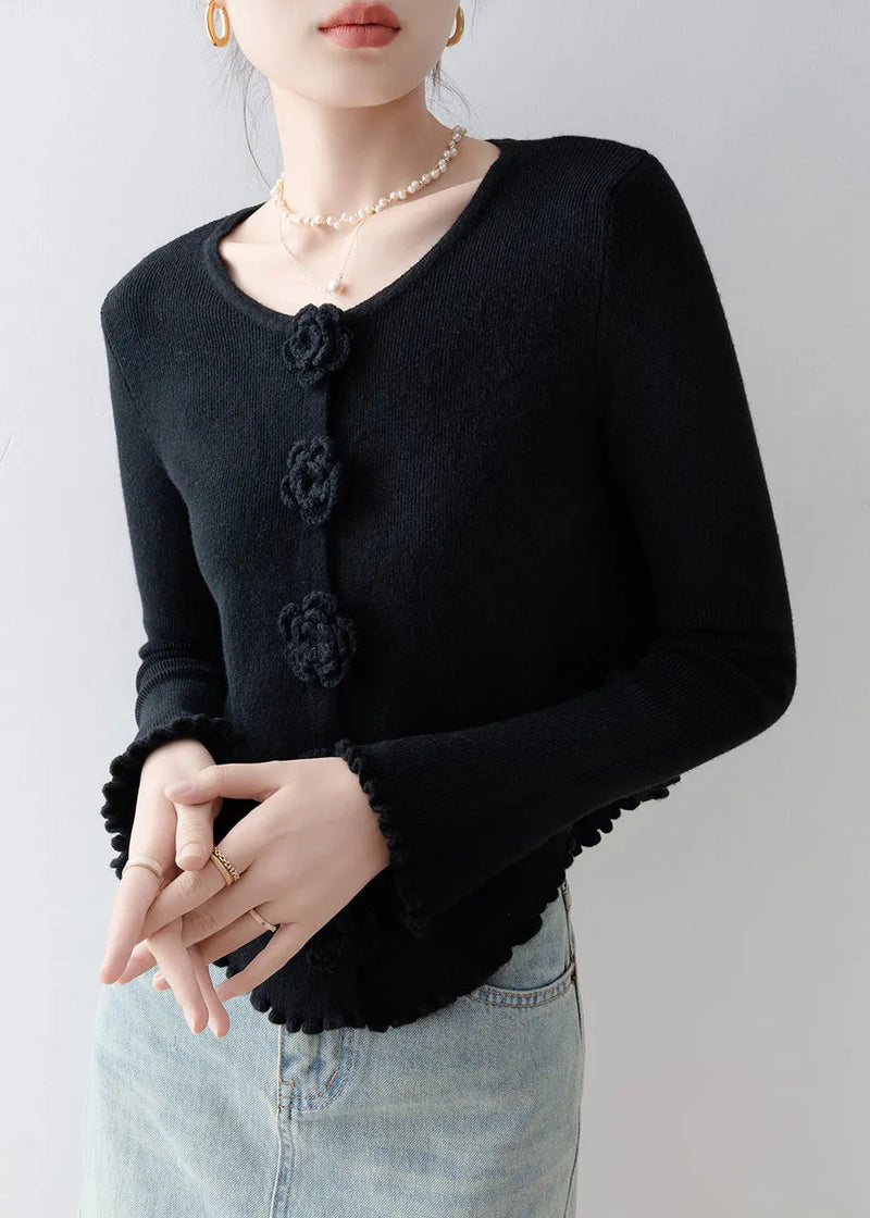 French Black O Neck Ruffled Knitted Tops Spring