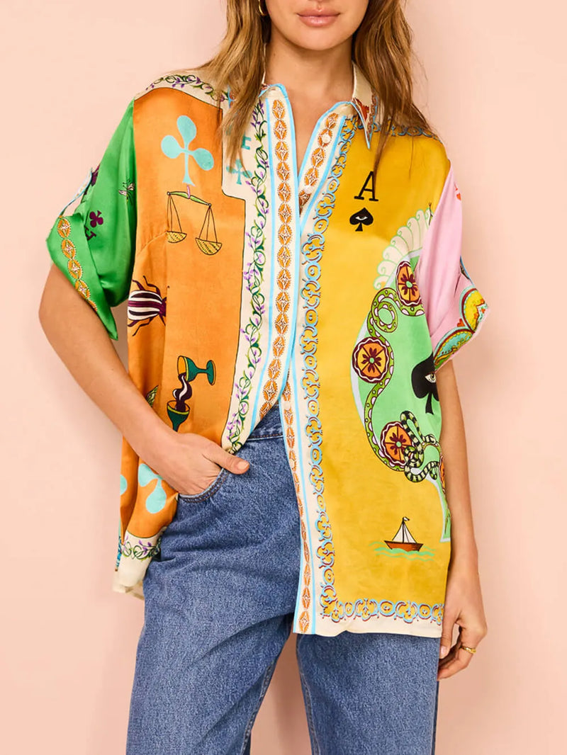 Summer Unique Funny Print Button Down Oversized Blouse