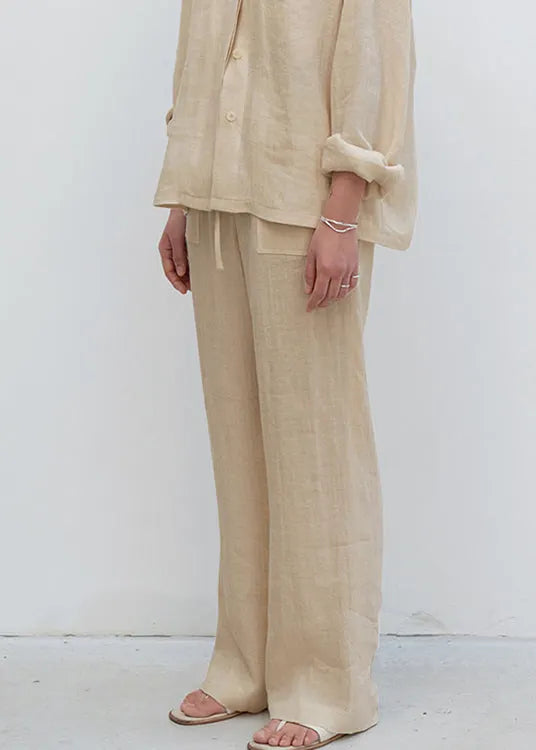 Beige Pockets Lace Up Linen Straight Pants Spring