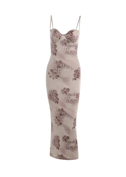 Stylish Khaki Print Slim Fit Silk Spaghetti Strap Dress Summer