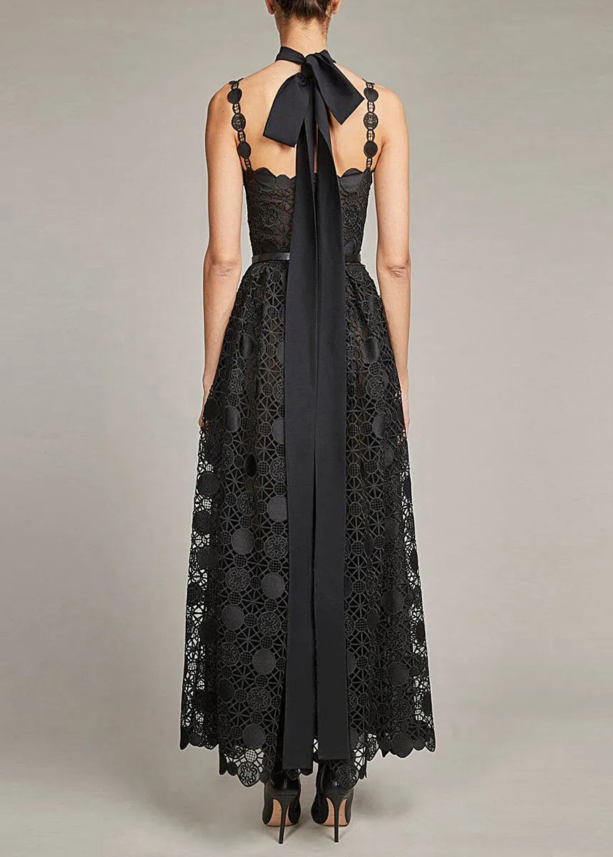Italian Black Backless Lace Spaghetti Strap Dress Summer