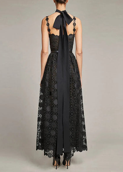 Italian Black Backless Lace Spaghetti Strap Dress Summer