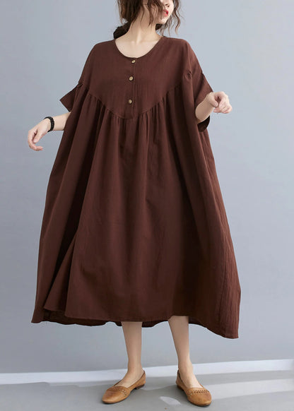 Coffee O-neck Wrinkled Maxi Dresses Summer
