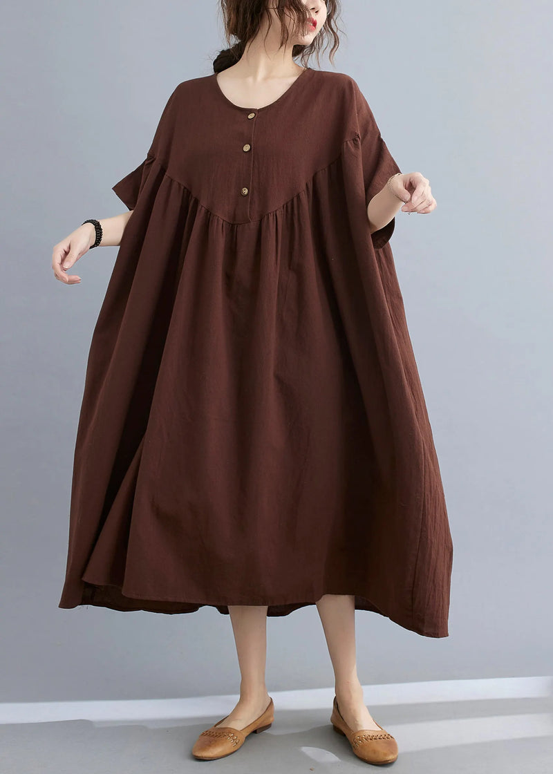 Coffee O-neck Wrinkled Maxi Dresses Summer