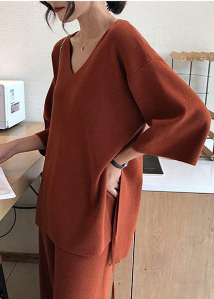 Style Orange V Neck Side Open Knit Two Piece Suit Set Spring
