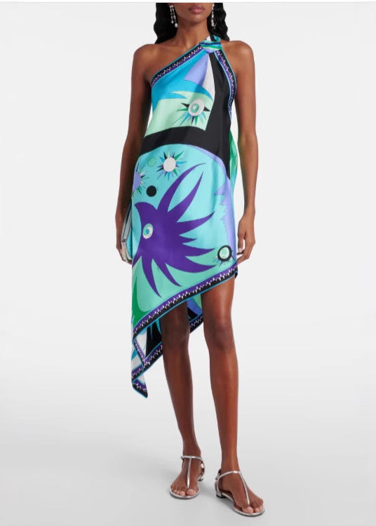 Hanging Neck Backless Print Silk Asymmetrical Dress