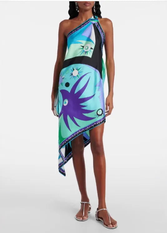 Hanging Neck Backless Print Silk Asymmetrical Dress