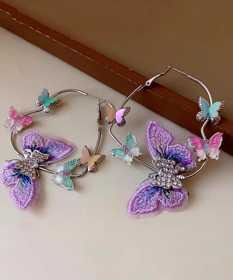 Purple Alloy Zircon Knit Butterfly Hoop Earrings