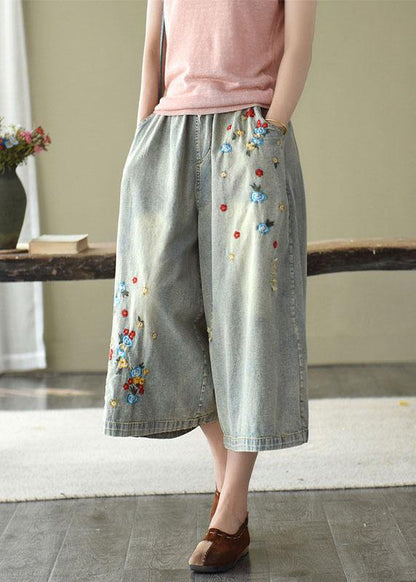 Comfy Grey Embroidered Wide Leg Denim Pants for