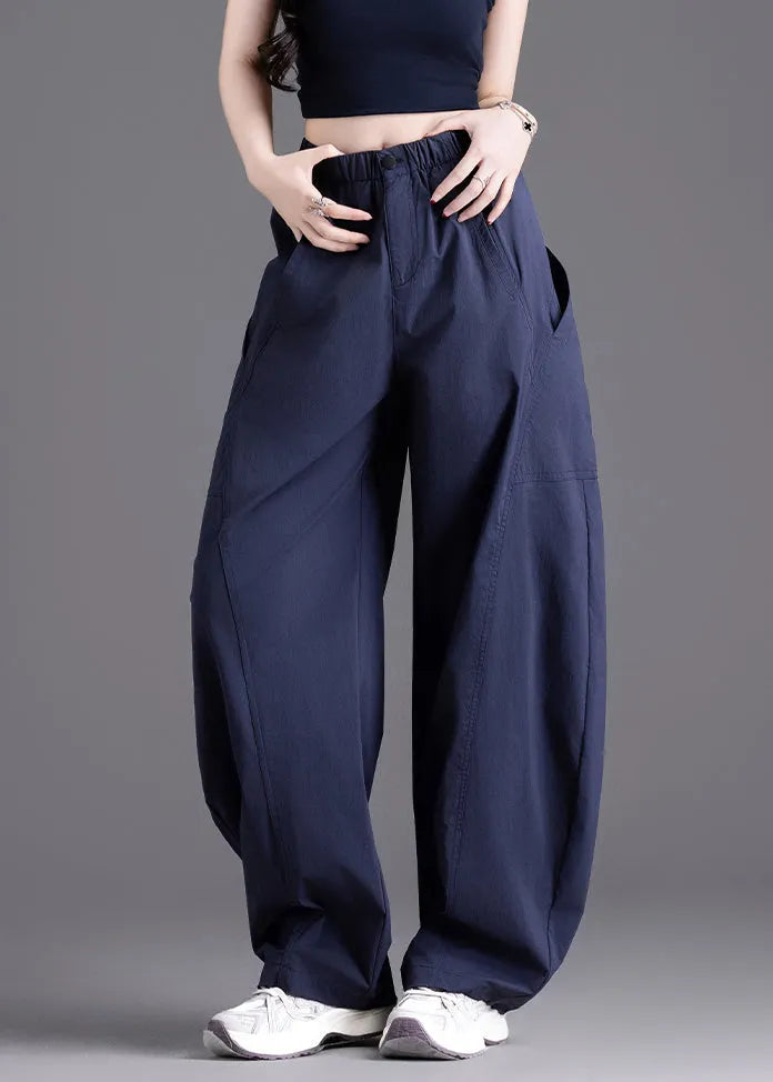 Brown Pockets Elastic Waist Cotton Pants Spring