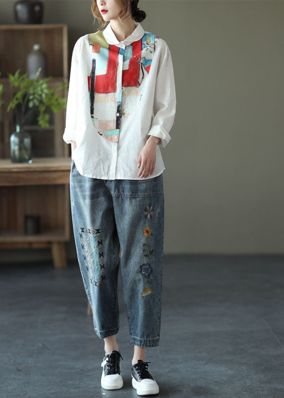 White Peter Pan Collar Print Linen Shirt Top Long Sleeve