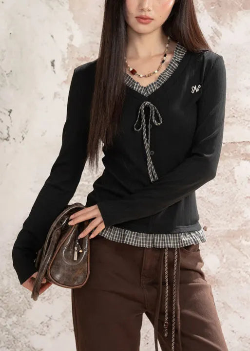 Black Patchwork Cotton Fake Two Piece Tops Ruffled Fall