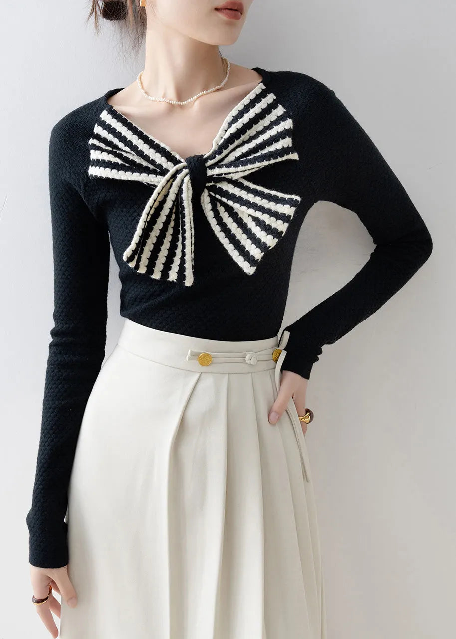 Boutique Black V Neck Bow Patchwork Knit Sweaters Spring