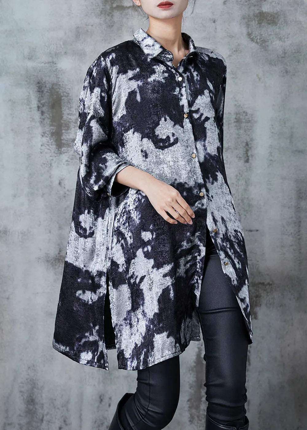 Grey Oversized Tie Dye Silk Velour Shirt Dress Fall