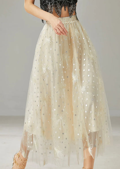 Milk White Embroidered Sequins Tulle Skirts Summer