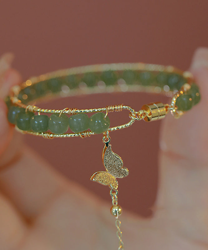 Diy Green Copper Overgild Jade Butterfly Tassel Charm Bracelet