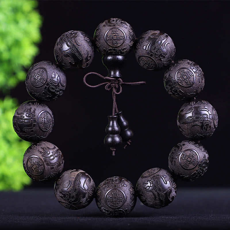 Buddha Stones Chinese Zodiac Rosewood Ebony Copper Coin Pixiu Carved Warmth Bracelet