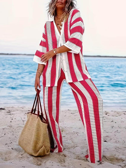 Loose V-neck Hollow Out Striped Shirt Wide Leg Pants Set