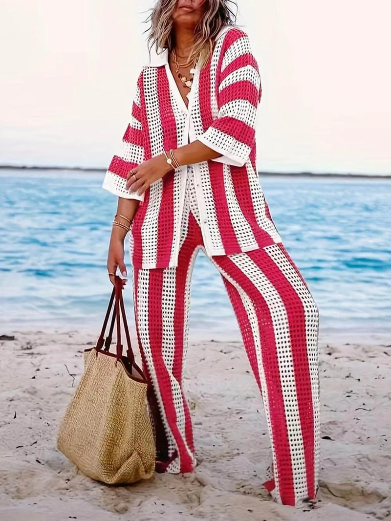 Loose V-neck Hollow Out Striped Shirt Wide Leg Pants Set