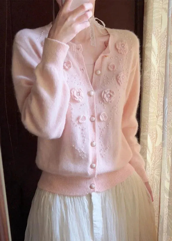 Pink Decorated Nail Bead Knit Cardigan Winter