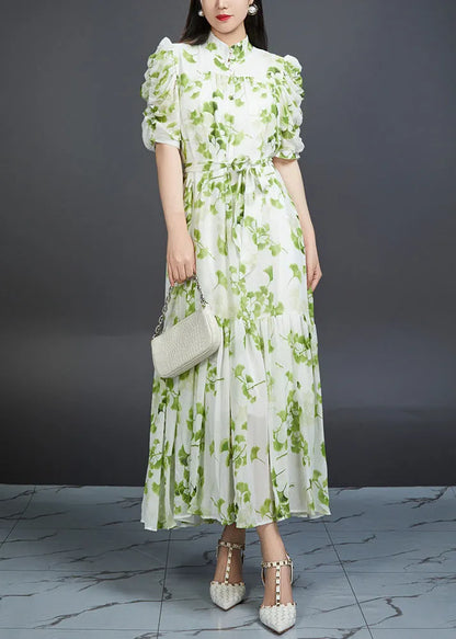 Green Wrinkled Print Tie Waist Chiffon Dress Summer