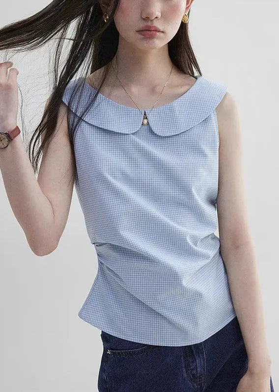Blue Peter Pan Collar Plaid Cotton Shirt Sleeveless