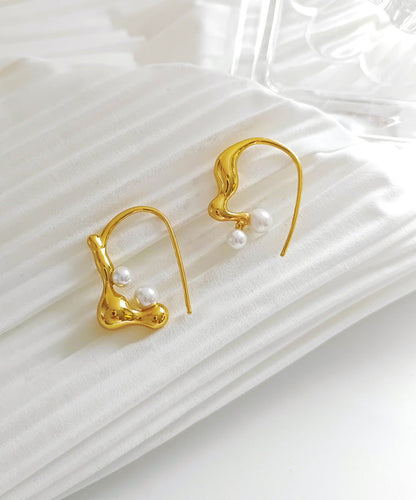 Gold Copper Asymmetrical Pearl Hoop Earrings