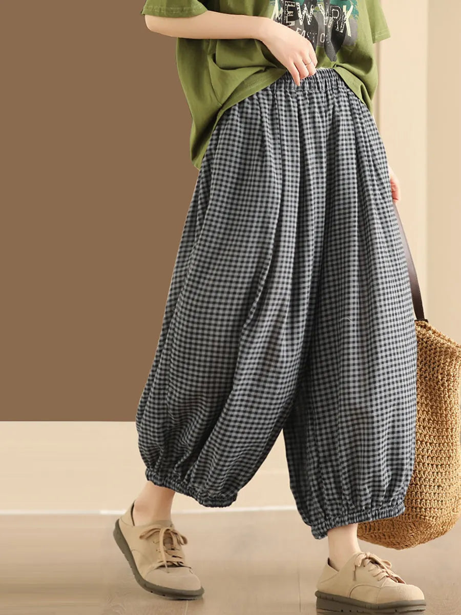 Summer Plaid Cotton Harem Pants