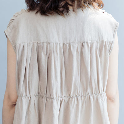 Khaki Cotton Linen Dresses Loose Fitting Cotton Linen Clothing Dress New Sleeveless Cinched V Neck Baggy Dresses