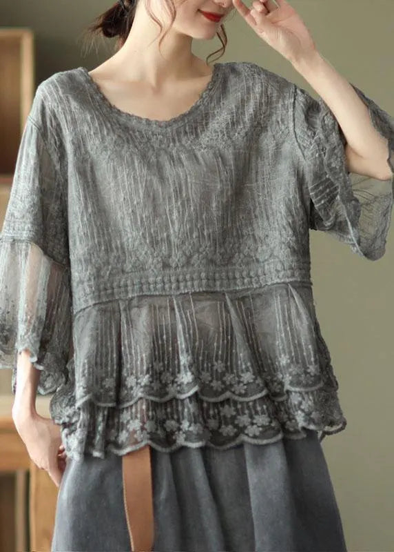 Loose Khaki O-neck Embroidered Patchwork Summer Shirts Half Sleeve