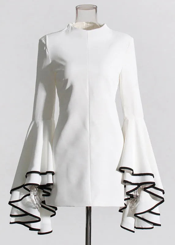 Original Design White Stand Collar Patchwork Vacation Mid Dresses Petal Sleeve