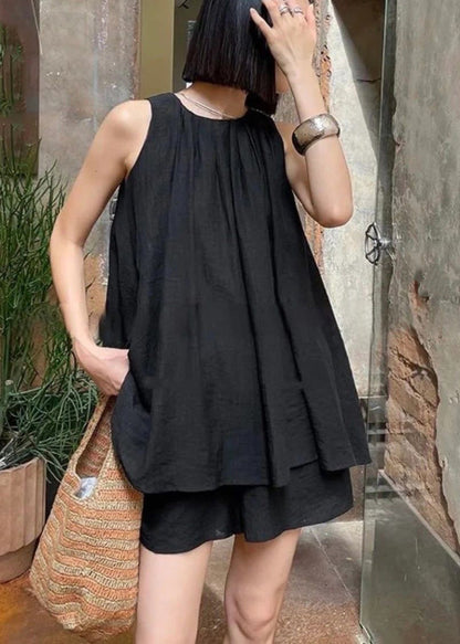 Black Wrinkled Top and Shorts Two Pieces Set Sleeveless