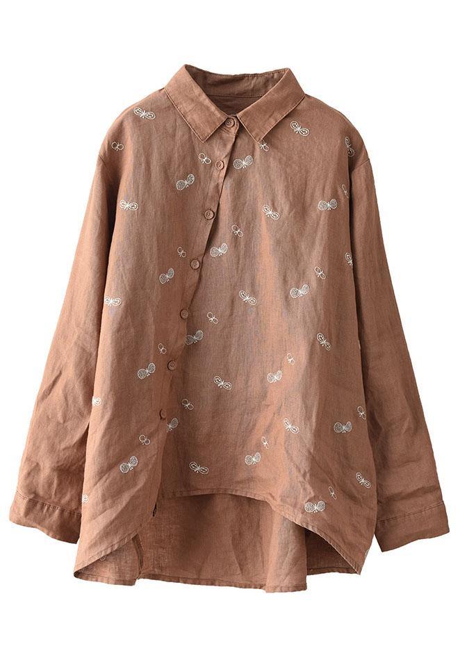 Khaki Peter Pan Collar Button Fall Asymmetrical Design Top Long Sleeve