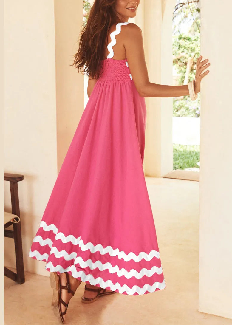Novelty Pink Print High Waist Patchwork Cotton Dresses Summer
