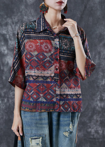 Style Oversized Print Linen Shirts Bracelet Sleeve